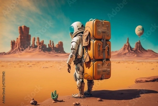 Fototapeta Astronaut Tourist Colonizer on other Planet. Generative AI