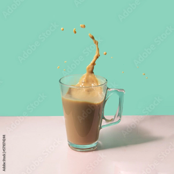 Fototapeta Coffee drink on pastel light pink and mint background. Creative ' take a break ' concept. Minimalistic beverage composition. Summer relax time idea.