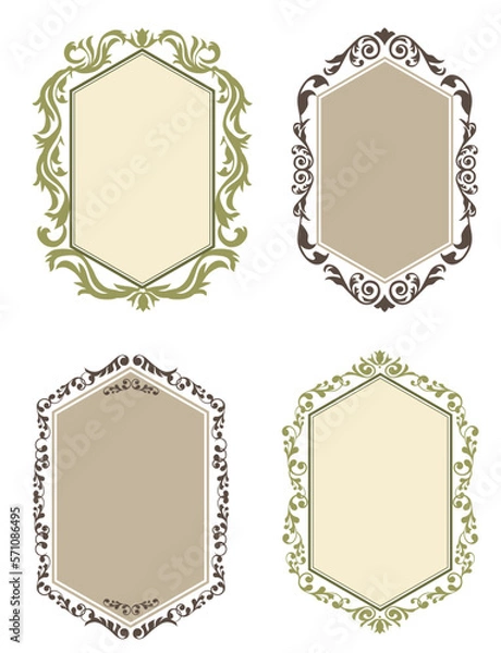Fototapeta エンブレム風のオリエント柄、アラベスク柄、ダマスク柄の飾り罫ビンテージのフレームのイラストセット