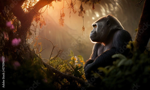 Fototapeta Gorilla in the lush tropical forests sitting on a tree branch. Generative AI