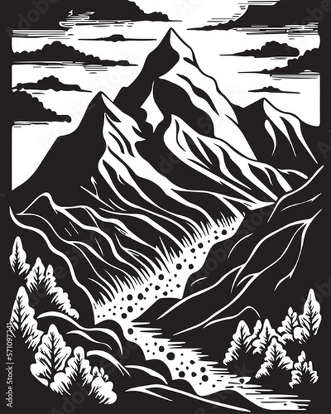 Obraz Beautiful linocut art or colouring page of a mountain pass made for print digital art. Doodle pattern for relax and meditation