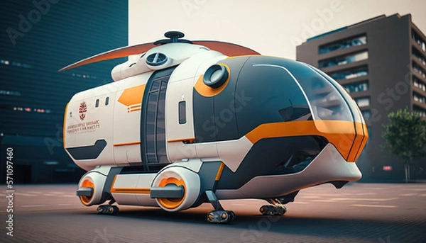 Fototapeta Flying Transportation. Air Ambulance. Future, futuristic. Public Transportation. Sustainable City. Autonomous. Urban Air Mobility. Generative AI.