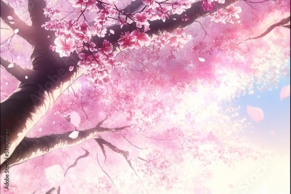 Fototapeta 桜 アニメ 花 植物 木 青空 雲 春 花吹雪, generative ai