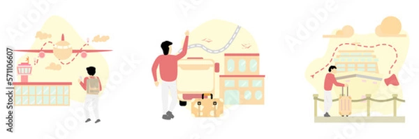 Fototapeta Set of illustrations of public transportation modes. Characters go to airports, bus terminals and crossing ports. land, air and sea travel. Vector illustration with predominance of red color