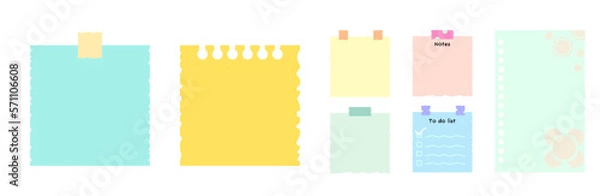 Fototapeta Various note papers on stickers. Information board with blank sticky notes for reminders, to-do lists, to-do planners. Attractive hand drawn Vector illustration. cartoon style. All elements isolated.