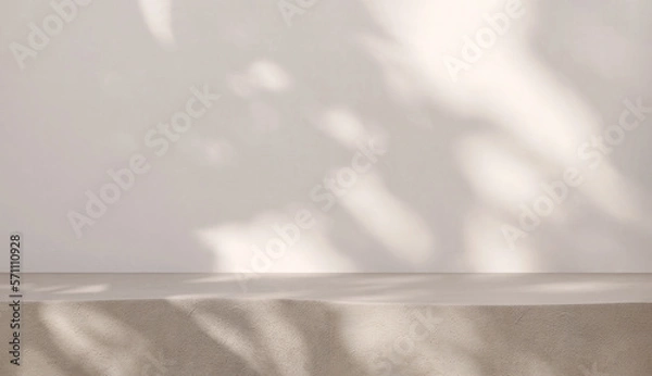 Obraz Blank beige brown cement curve counter podium with texture, soft beautiful dappled sunlight, leaf shadow on white wall for luxury organic cosmetic, skincare, beauty treatment product background 3D.