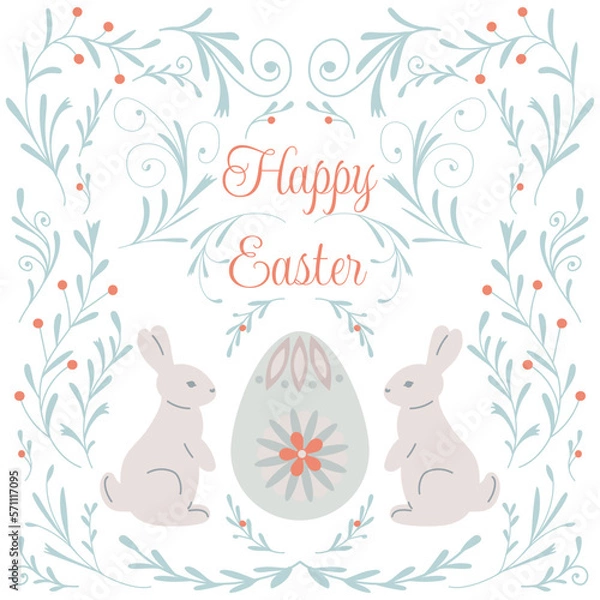 Obraz Happy Easter greeting card in folk art style. Rabbit or bunny and floral motifs. Spring illustration.