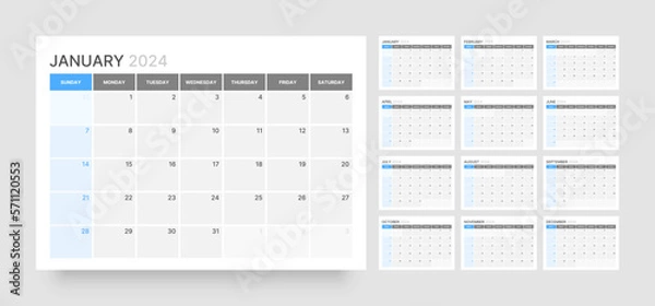 Fototapeta Monthly calendar template for 2024 year. Wall calendar in a minimalist style. Week Starts on Sunday. Planner for 2024 year.