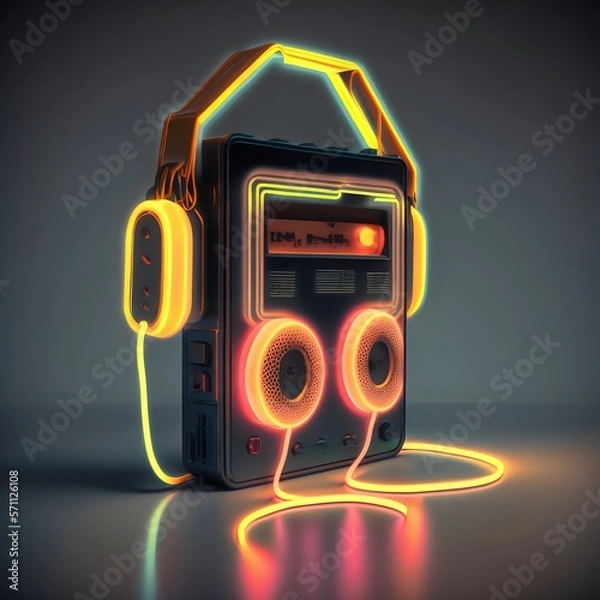 Fototapeta Retro neon walkman created with AI