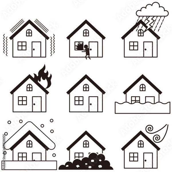 Fototapeta シンプルな住宅の災害イラスト モノクロ