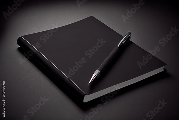 Fototapeta Black notepad with pen on black table close up. Generative Ai