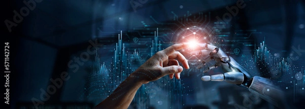 Obraz AI, Machine learning, Hands of robot and human touching on big data network connection, Data exchange, deep learning, Science and artificial intelligence technology, innovation of futuristic.