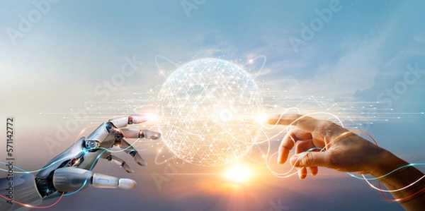 Obraz AI, Machine learning, Hands of robot and human touching big data of Global network connection, Internet and digital technology, Science and artificial intelligence digital technologies of futuristic.