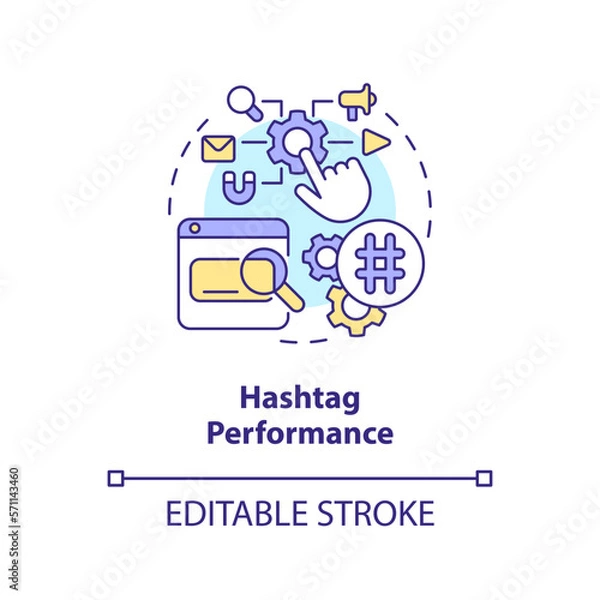 Fototapeta Hashtag performance concept icon. SEO analysing. Social media advertising metric abstract idea thin line illustration. Isolated outline drawing. Editable stroke. Arial, Myriad Pro-Bold fonts used