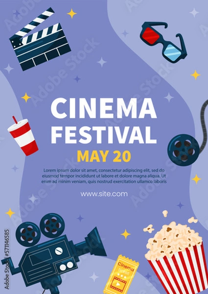 Fototapeta Vector vertical template cinema movie festival poster card. Popcorn basket, ticket, clapper, 3d glasses on violet background. Flyer or brochure for event