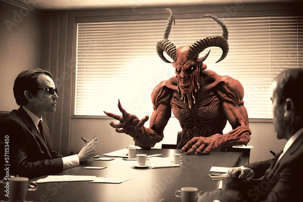 Fototapeta A meeting in the office of the boss who is lucifer, the prince of darkness, lord of the underworld, satan himself. Giving orders to his worker slaves, evil businessman and as a monster corperation