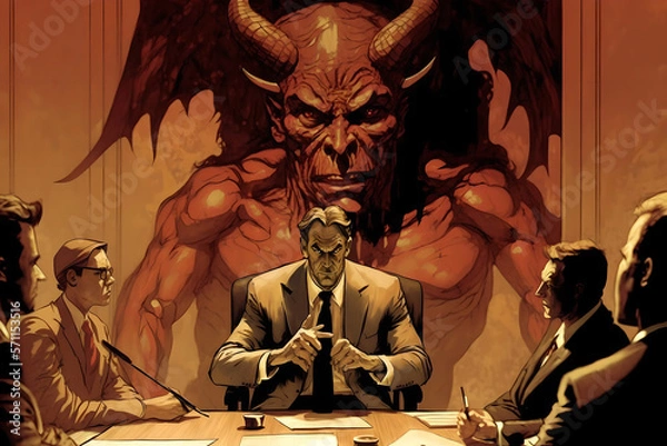 Fototapeta A meeting in the office of the boss who is lucifer, the prince of darkness, lord of the underworld, satan himself. Giving orders to his worker slaves, evil businessman and as a monster corperation