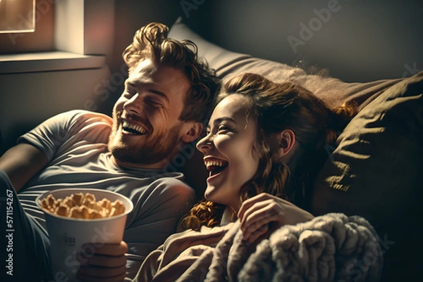 Obraz A cute handsome couple watching netflix, a film or TV on their couch/sofa, slaughing and enjoying themselves, portrait, painting style, eating popcorn and being close and romantic in a sweet evening