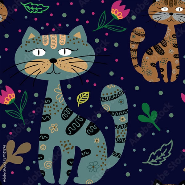 Fototapeta Seamless pattern with decorative flowers and cats. Vector file for designs.