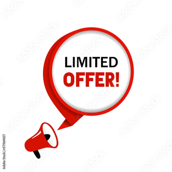 Fototapeta Limited offer banner template. Speech bubble icon with megaphone, vector illustration.