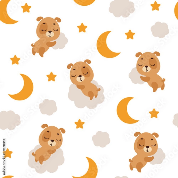 Fototapeta Cute little dog sleeping on cloud seamless childish pattern. Funny cartoon animal character for fabric, wrapping, textile, wallpaper, apparel. Vector illustration