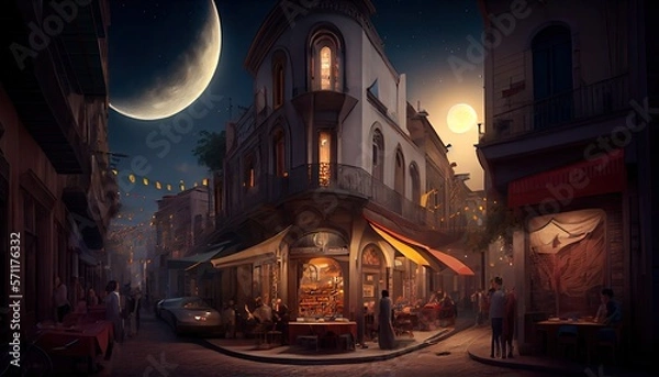 Fototapeta A bustling street, with people breaking fast and sharing food ramadan of celebration background. generative ai