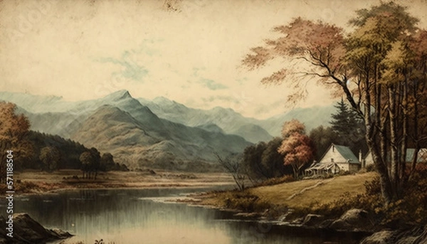 Fototapeta Vintage Countryside Landscape With Trees, Shrubbery, and Nature. Rivers and Lakes, Old Country Houses, Oil and Watercolor - Generative AI