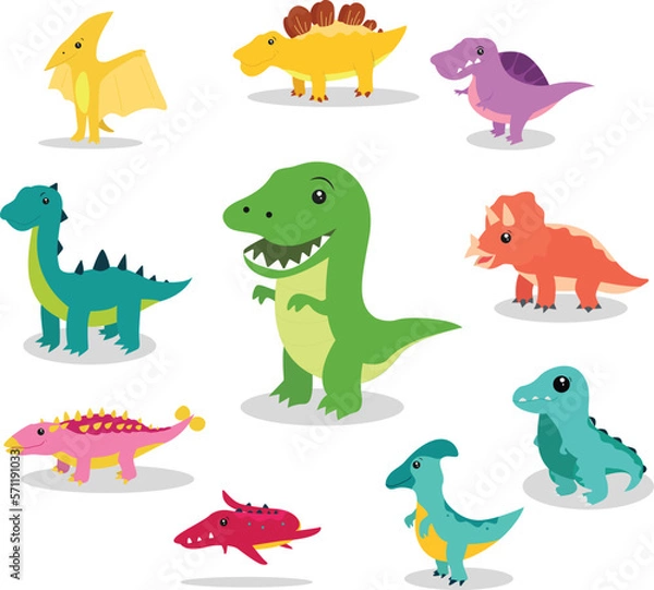 Obraz Set of Vector illustration of dinosaurs including Stegosaurus, Brontosaurus, Velociraptor, Triceratops, Tyrannosaurus rex, Spinosaurus, and Pterosaurs.