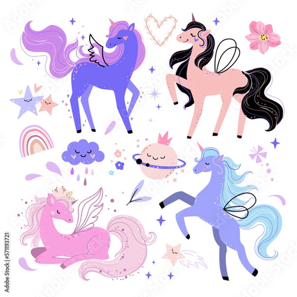 Obraz Cute colorful unicorns, rainbow and planet in boho style collection. Baby shower or poster for nursery or kids room,T-shirt design. Vector illustration