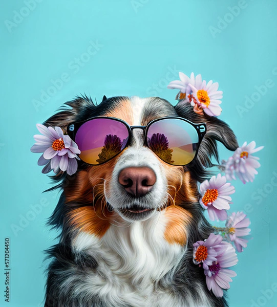 Obraz Abstract animal portrait of a dog with sunglasses covered with fresh, spring flowers. A dog dressed as a hipster for a music festival. Illustration, Generative AI.