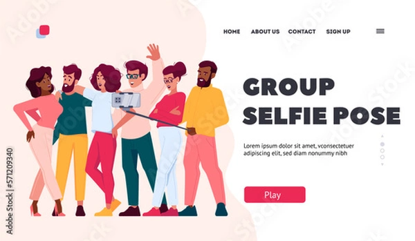 Fototapeta Group Selfie Pose Landing Page Template. Friends Taking Selfie, Diverse People With Happy Faces Standing Together