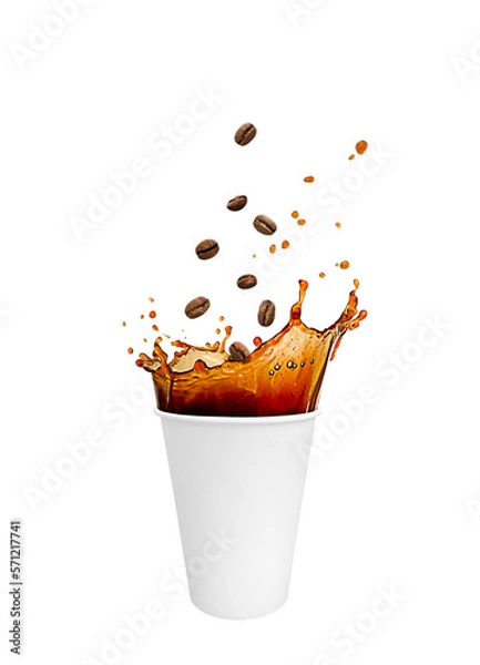Fototapeta A white paper cup filled with espresso coffee. Coffee splash with flying coffee beans. On a white background. Isolated. Takeaway coffee. eco paper tableware.