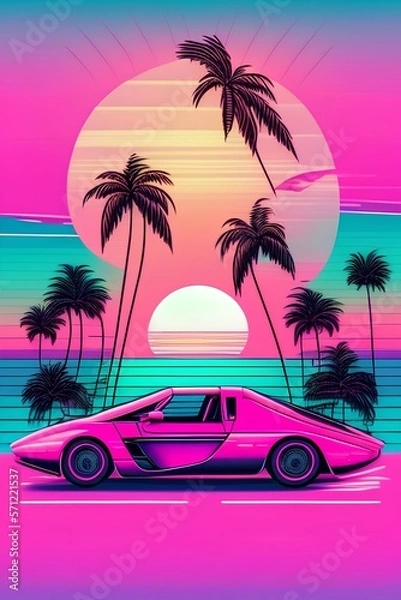 Obraz Retro Sport car rides among the palm trees against the backdrop of the sunset in the city. Pink background in the style of retro synthwave 80s., neons, retro city background - generative ai