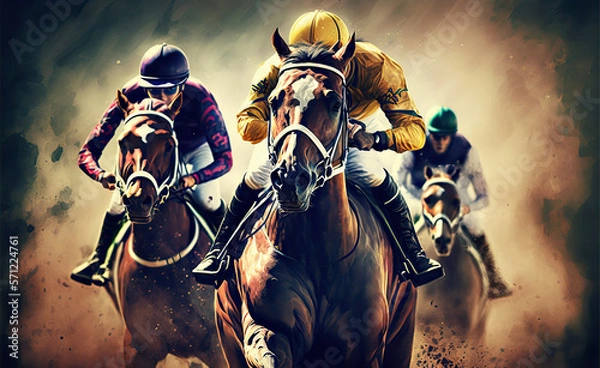 Fototapeta Horse Racing. horses with jockeys race on the track. Generative ai