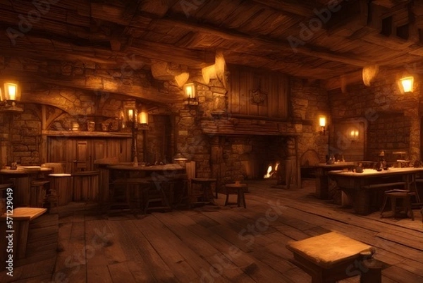 Fototapeta Fantasy medieval tavern background with grand fireplace. 3d rendering - generative ai