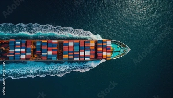 Fototapeta Aerial view from drone, Container ship or cargo shipping business logistic import and export freight transportation by container ship in the open sea, freight ship boat. Generative AI