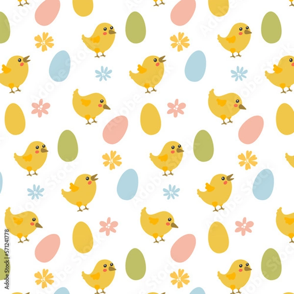 Fototapeta Vector seamless simple drawing with colored decorated eggs, chickens and flowers. Easter festive white background for printing on fabric and paper, scrapbooking paper, gift wrapping and wallpaper.