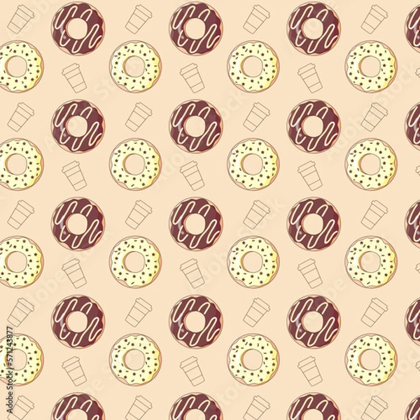 Fototapeta Delicious pattern of donuts with chocolate and vanilla glaze and  with a cup of coffee. Dessert vector illustration design. Background