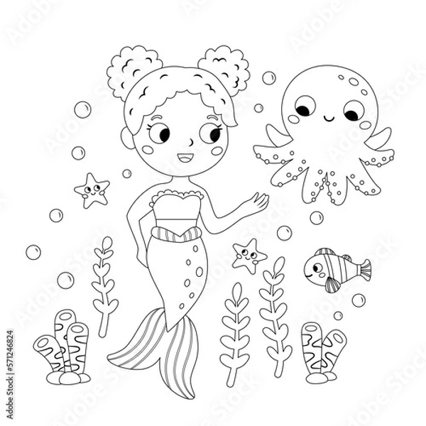 Fototapeta Coloring page with mermaid and octopus. Fairy tale character. Cartoon kawaii style. Black and white vector illustration for coloring book.