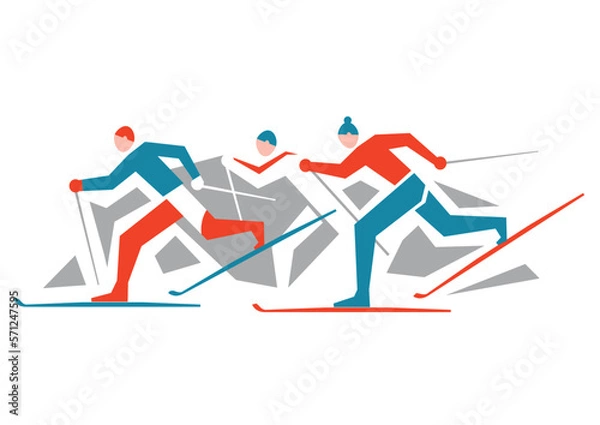 Obraz 

Cross Country Skiers.
A stylized drawing of three cross-country ski competitors. Isolated on white background. Vector available.