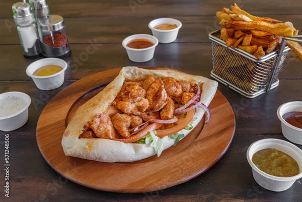 Obraz Sandwich kebab fait maison dans une assiette sur une table en bois. Döner Kebab gros plan.