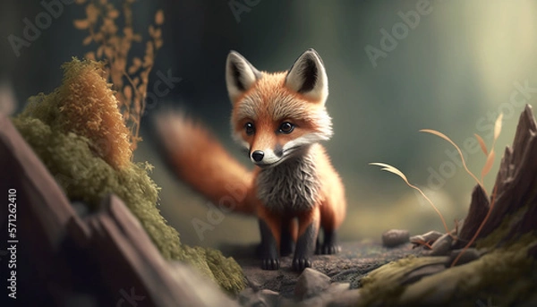 Obraz An cute little fox in forest alone Ai generative image