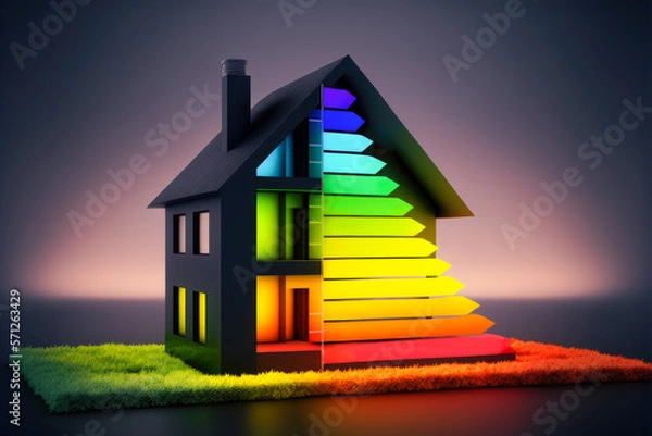 Fototapeta Isolated house with energy certification color scale illuminated with neon light. Energy efficiency, ecology, sustainability, saving and resources conservation concepts. Generative AI.