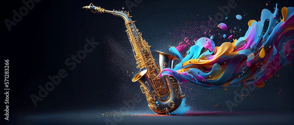 Fototapeta beautiful saxophone with magical splash texture for music banner festival generative ai