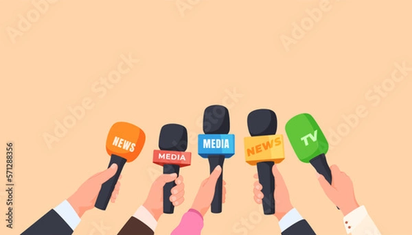 Fototapeta Microphones in the hands of people journalists. The concept of interviewing celebrities. Vector illustration