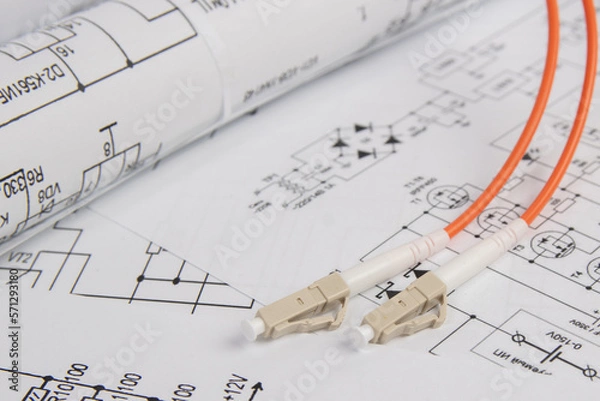 Obraz Fiber optic patch cord cable on electrical engineering drawings