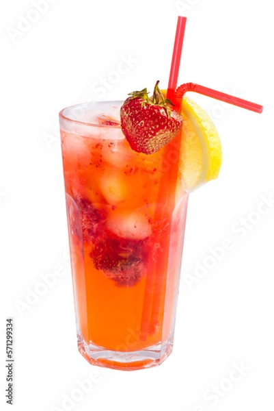 Obraz glass of cold fruit cocktail with ice, mint and pieces of fruit on a white background