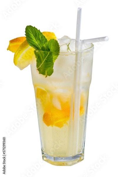 Fototapeta Lemonade with lemon slices and mint in a tall glass. Yellow cocktail with citrus