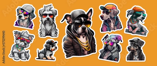 Fototapeta Big bundle of stickers with funny and cute dogs.Vector collection sticker of funny dogs on yellow isolated background. AI. Doodle cartoon style.