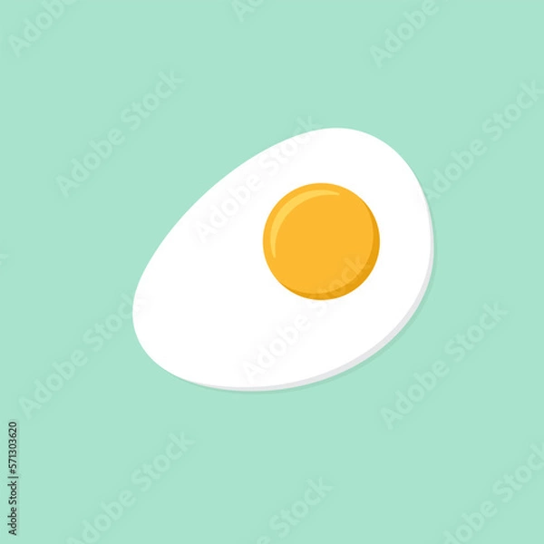 Fototapeta Simple Flat vector illustration of sunny side up fried egg with bright yellow yoke on turquoise background. Food concept art. Culinary graphic. Diner or cafe poster.
